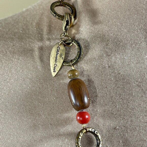 Coldwater Creek Long Necklace Coral Stone Rawhide Gold Tone Wood - Picture 2 of 4